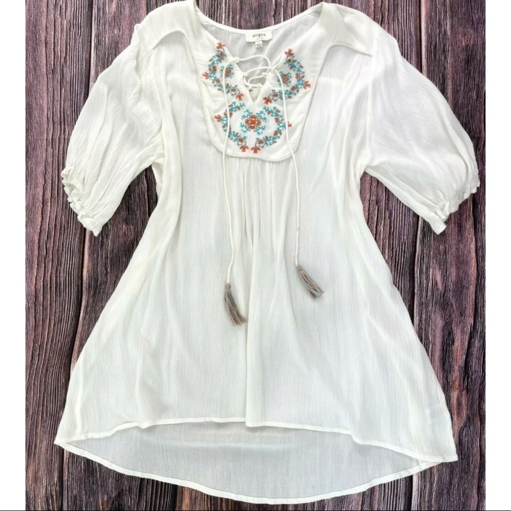 Umgee USA Sz L Ivory Floral Embroidered Tassel Tunic Top Peasant Blouse